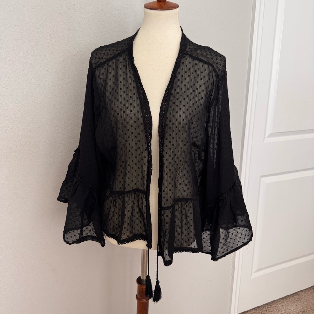 Miami Black Sheer Kimono with Ruffle Sleeves and Hem Detail